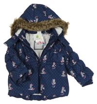 Nové - Tmavomodrá puntíkatá šusťáková zimní bunda s Minnie a kapucí s kožešinou Disney