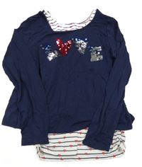 Tmavomodré triko s nápisem z flitrů a všitým pruhovaným topem se srdíčky Yigga