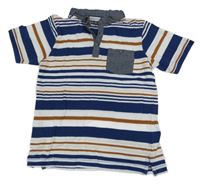 Bílo-tmavomodro-hnědé pruhované polo tričko 