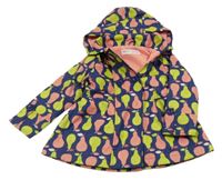 Tmnavomodro-růžovo-zelený voděodolný jarní kabátek s hruškami a kapucí 