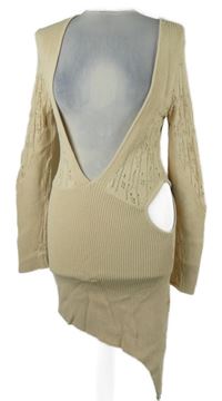 Dámská béžová ažurová svetrová tunika s průstřihem 