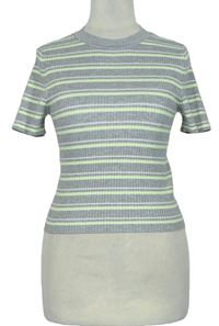 Dámské šedo-zeleno-bílé proužkované žebrované crop tričko 