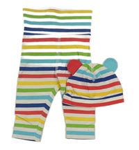 2set- barevné pruhované legíny+ čepice s oušky