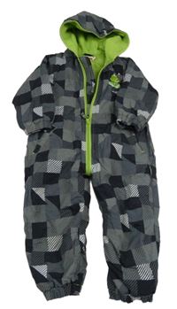 Šedo-černo-bílá kostkovaná šusťáková zateplená kombinéza se žabkou a kapucí Bluezoo