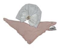 2set- bílá turbanová čepie s mašlí+ růžový slinták