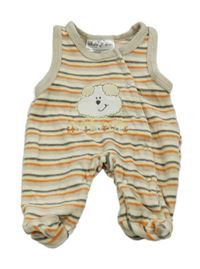 Béžovo-oranžové pruhované sametové dupačky s medvídkem 