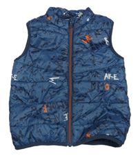 Tmavomodrá vzorovaná šusťáková zateplená vesta s nápisy Name it