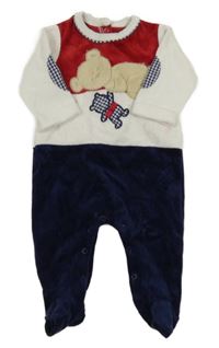 Tmavomodro-bílo-červený sametový overal s medvědem Mayoral