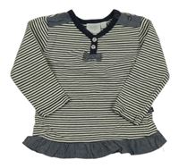 Bílo-tmavomodré pruhované triko s mašlí a volánkem 