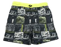 Černo-šedé plážové kraťasy s fotkami a neonovým pasem Yigga