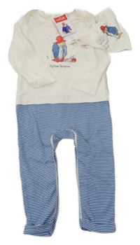 Nové - 2set- Bílo-modro-pruhovaný overal s Paddingtonem + šátek 