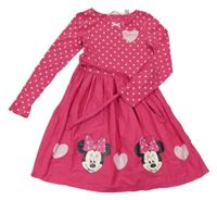Růžové puntíkaté bavlněné šaty s Minnie a plátěnou sukní H&M
