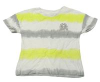 Bílo-žluto-šedé pruhované tričko s potiskem 