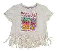 Bílé crop tričko s potiskem a třásněmi Primark