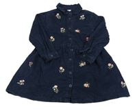 Tmavomodré manšestrové propínací šaty s kytičkami F&F