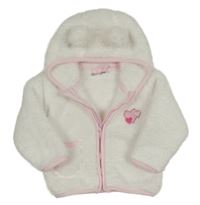 Bílo-růžová chlupatá propínací mikina se srdíčky a kapucí Ergee