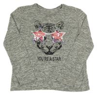 Šedý melírovaný lehký svetr s tygrem a flitry C&A