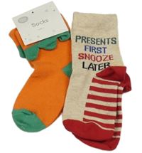 Nové - 2x Oranžové + béžovo-červené pruhované ponožky s nápisy vel. 23-26