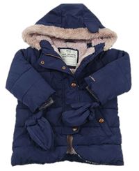 Tmavomodrý šusťákový zimní kabát s kapucí s kožešinou + rukavice M&S