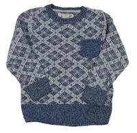 Světlešedo-tmavomodrý melírovaný vzorovaný vlněný svetr s kapsou H&M