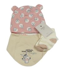 3Set - Růžovo/bílá puntíkatá čepice s Pú a oušky Disney + smetanový oboustranný šátek/slinták s oslíkem + ponožky M&S