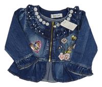 Nové - tmavomodrá riflová bunda se srdíčkem s flitry a kytičkami a perlami a volánky