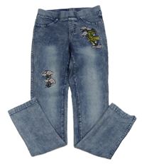Modré šisované džegíny s tygrem a kytičkami H&M