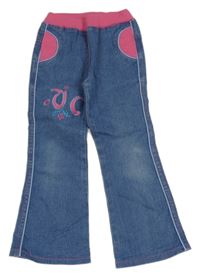 Modré flare rifle s výšivkou a růžovým úpletovým pasem 