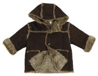 Tmavohnědý semišový zateplený kabát s kapucí Monsoon