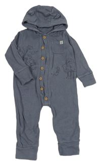 Modrošedá žebrovaná tepláková kombinéza s Pú a kapsou a kapucí s oušky George