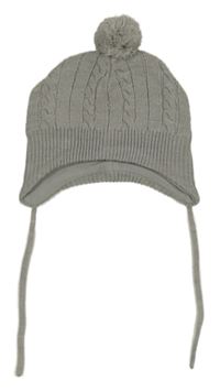 Šedá melírovaná žebrovaná vzorovaná pletená zavazovací čepice s bambulí H&M