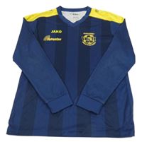 Tmavomodro-žlutý pruhovaný sportovní fotbalový dres s míčem a nápisy JAKO