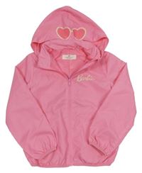 Růžová šusťáková jarní bunda s Barbie a odepínací kapucí H&M