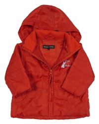 Červená šusťáková jarní zateplená bunda se zajíčkem a nápisy a ukrývací kapucí 