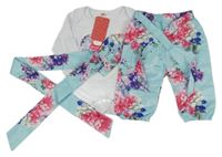 Nové - 3Set - Světlemodré cuff saténové kalhoty s kytičkami a zavazováním + zavazovací šátek + bílé body se srdíčky 