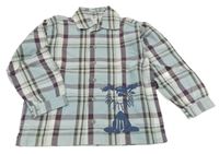 Světlemodro-lilkovo-bílo-khaki kostkovaná košile s pirátem KANZ