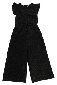 Černo-stříbrný pruhovaný sametový kalhotový culottes overal s volánky Matalan