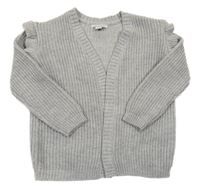 Šedý melírovaný žebrovaný svetrový cardigan se třpytkami a volánky PRIMARK