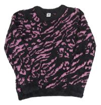 Šedo-růžový třpytivý chlupatý svetr s leopardím vzorem Tu