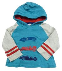 Tyrkysovo-šedé triko s pruhy a auty s kapucí Miniclub