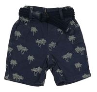 Tmavomodré plátěné slim chino kraťasy s palmami a páskem Denim Co.