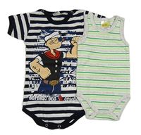 2x body - tmavomodro-bílé pruhované body s Pepkem námořníkem + zeleno-bílo-světlešedé pruhované