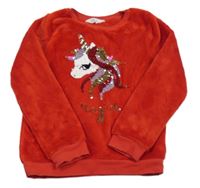 Červená chlupatá mikina s jednorožcem z překlápěcích flitrů H&M