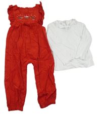 2set - Červený manšestrový kalhotový overal s ptáčky + bílé triko s límečkem Dunnes