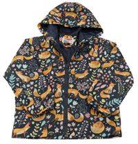 Černá šusťáková jarní bunda s liškami a kapucí