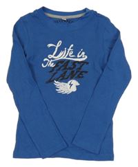 Modré žebrované triko s nápisem a helmou Pocopiano