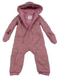 Starorůžová prošívaná šusťáková zimní kombinéza s kapucí F&F