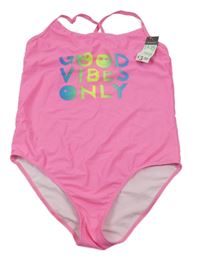 Nové - Neonově růžové jednodílné plavky s nápisem se smajlíky Primark
