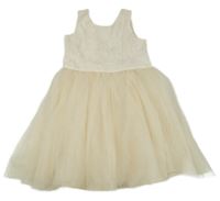 Smetanové třpytivé slavnostní šaty s tylovou sukní Tahari