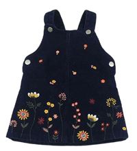 Tmavomodré manšestrové laclové šaty s výšivkami květů F&F